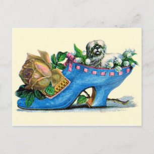 Victorian Slipper with Puppy and Rose Postcard