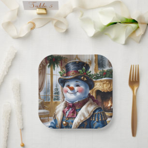 Victorian Snowman Christmas Design Paper Plate