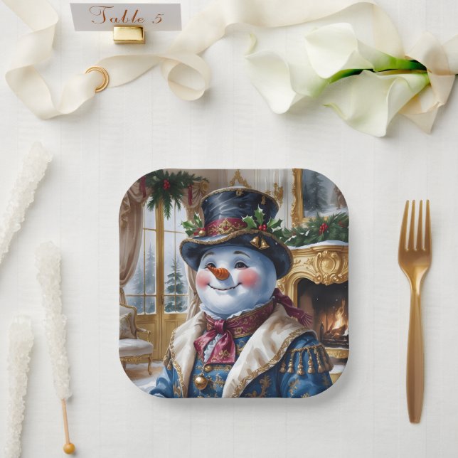 Victorian Snowman Christmas Design Paper Plate (Wedding)