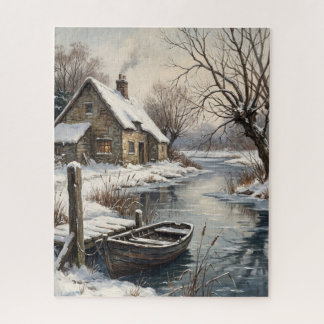 Victorian Snowy Riverside Cottage Christmas Jigsaw Puzzle