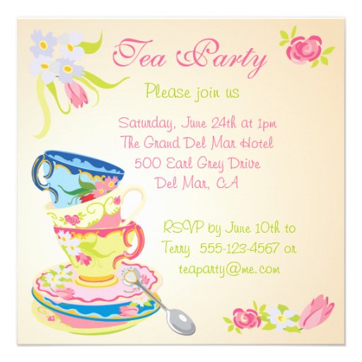 Victorian Stacked Tea Cups Tea Party Invitation 13 Cm X 13 Cm Square ...