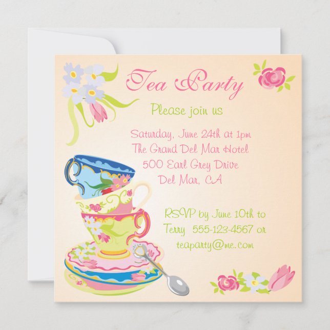 Victorian Stacked Tea Cups Tea Party Invitation (Front)