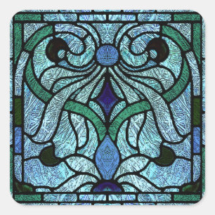 Victorian Stained Glass in Rich Blue Square Sticker