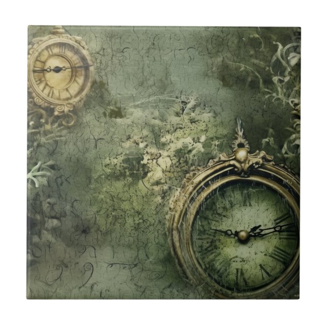 Victorian Steampunk Clockwork in Emerald Green Ceramic Tile (Front)