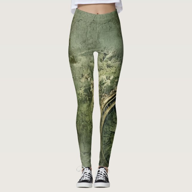 Victorian Steampunk Clockwork in Emerald Green Leggings (Front)