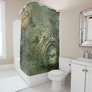 Victorian Steampunk Clockwork in Emerald Green Shower Curtain