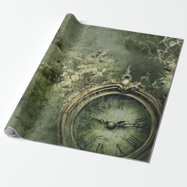 Victorian Steampunk Clockwork in Emerald Green Wrapping Paper (Unrolled)