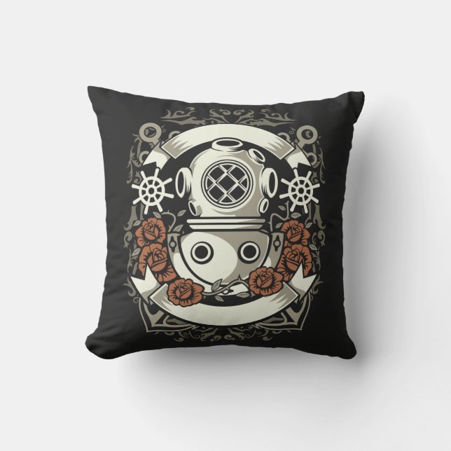 Victorian Steampunk Deep Sea Diver Red Roses Cushion (Front)