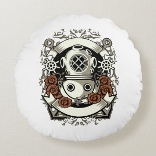 Victorian Steampunk Deep Sea Diver Red Roses Round Cushion