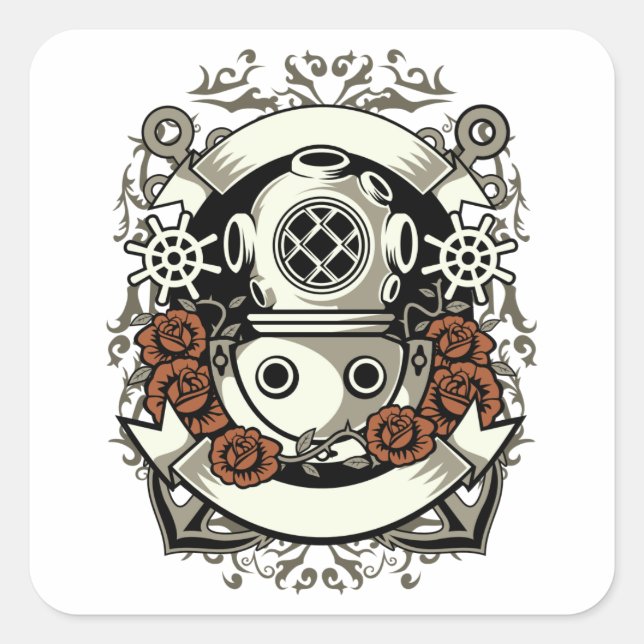 Victorian Steampunk Deep Sea Diver Red Roses Square Sticker (Front)