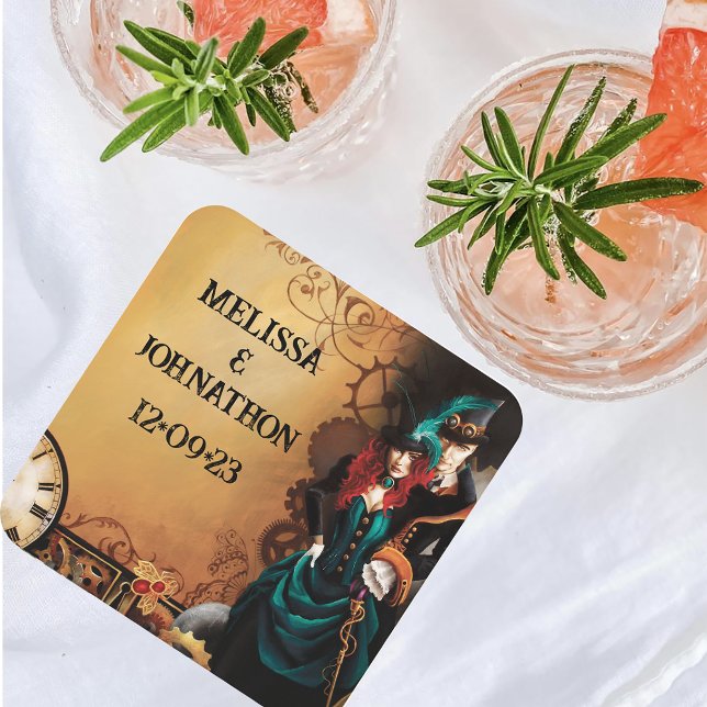 Victorian Steampunk Elegance Wedding Square Paper Coaster (Creator Uploaded)