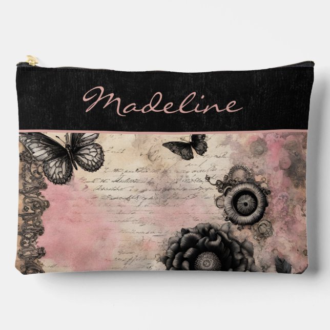 Victorian Steampunk Floral Pink and Black  Accessory Pouch (Front)