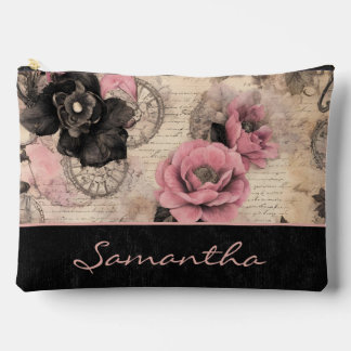 Victorian Steampunk Floral Pink and Black Velvet Accessory Pouch