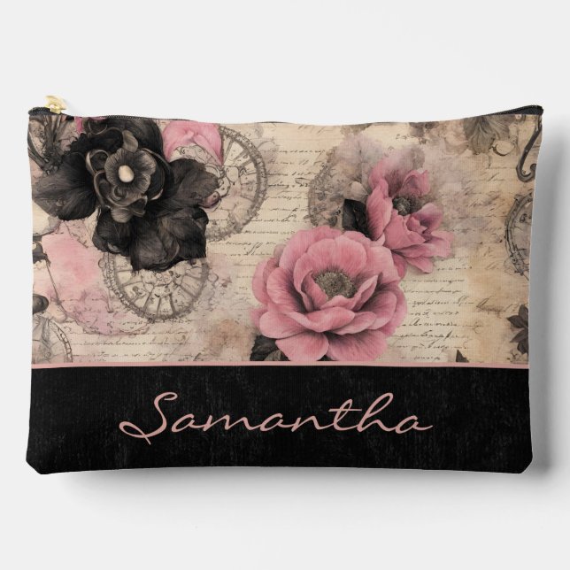 Victorian Steampunk Floral Pink and Black Velvet Accessory Pouch (Front)