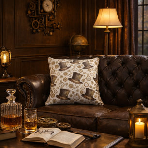 Victorian Steampunk Hat and Clockwork Pattern Cushion