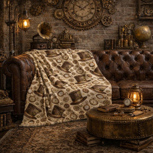 Victorian Steampunk Hat and Clockwork Pattern Fleece Blanket
