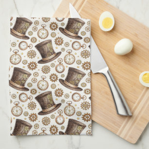 Victorian Steampunk Hat and Clockwork Pattern Tea Towel