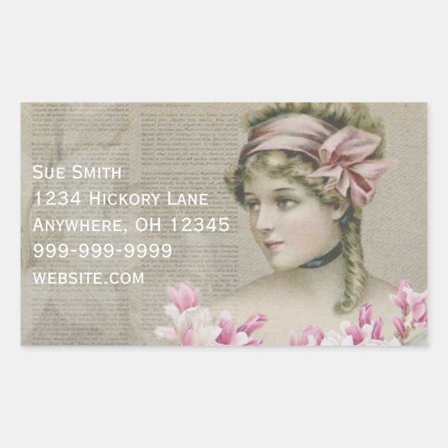 Victorian Steampunk Lady Pink Newspaper Address Rectangular Sticker (Front)