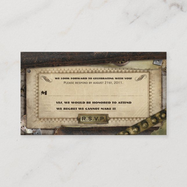 Victorian Steampunk Leather Wedding RSVP Cards (Front)