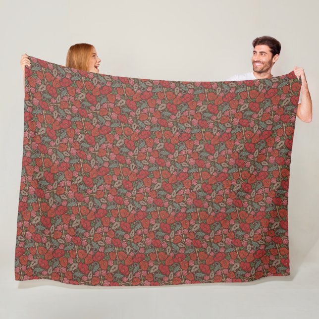 Victorian Steampunk Old Lock Key Red Poppies Fleece Blanket (In Situ)