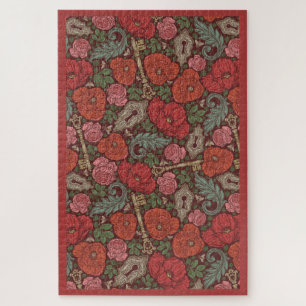 Victorian Steampunk Old Lock Key Red Poppies Jigsaw Puzzle