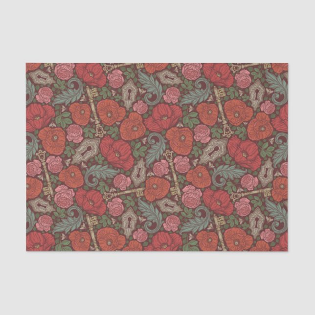 Victorian Steampunk Old Lock Key Red Poppies Tissue Paper (Front)