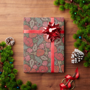 Victorian Steampunk Old Lock Key Red Poppies Wrapping Paper