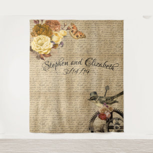Victorian Steampunk Wedding backdrop Gear Floral Tapestry