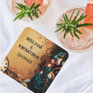 Victorian Steampunk Wedding Square Paper Coaster