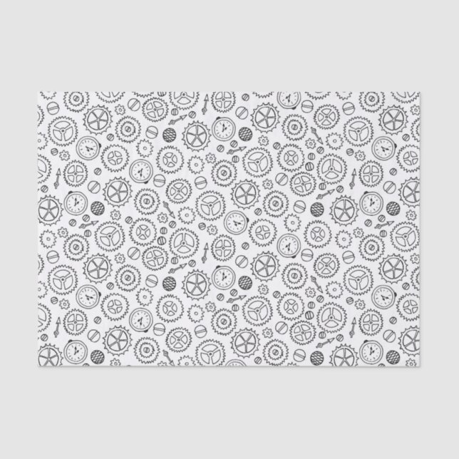 Victorian Steampunk White & Black Gears Drawing Tissue Paper (Front)