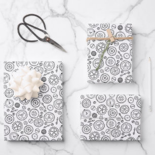 Victorian Steampunk White & Black Gears Drawing Wrapping Paper Sheet