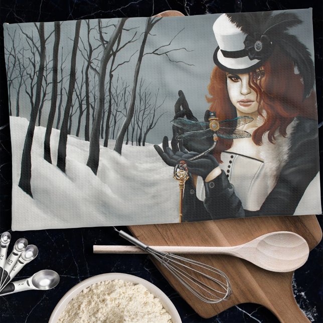 Victorian Steampunk Winter Dragonfly Key Gothic Tea Towel (Creator Uploaded)