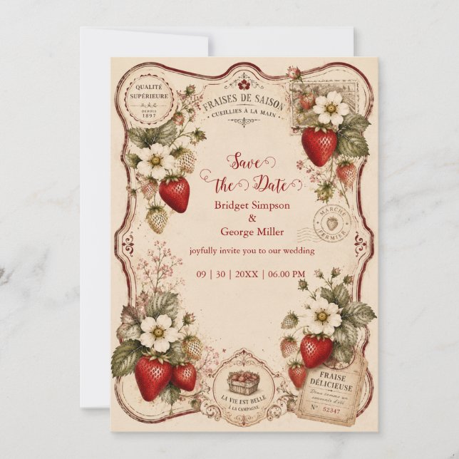 Victorian Strawberry Wedding Botanical Invitation (Front)