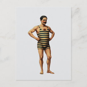 Victorian Strongman Swimmer Striped Bathing Suit Postcard