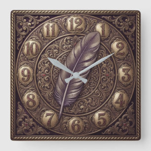 Victorian Style Antique Bronze Feather Motif Square Wall Clock