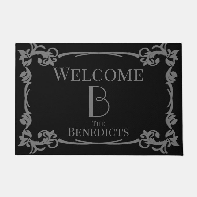 Victorian Style Black and Grey Custom Family Name Doormat (Front)