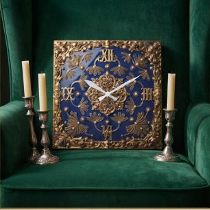 Victorian Style Blue and Gold and Pearl Details Square Wall Clock