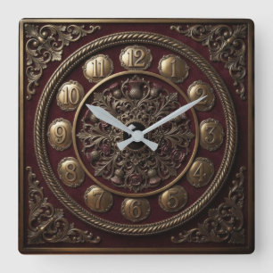 Victorian Style Burgundy and Bronze Filigree Square Wall Clock