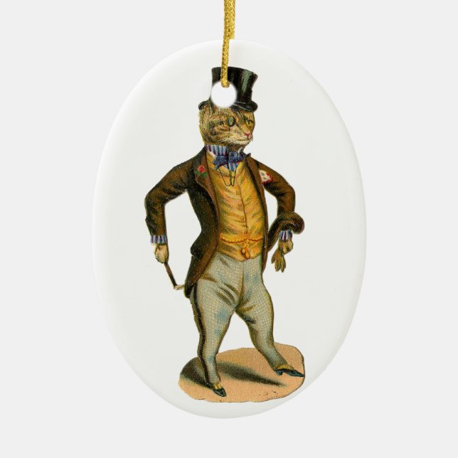 Victorian style cat with top hat ceramic tree decoration (Front)
