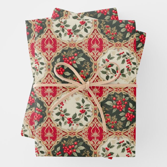Victorian Style Christmas Berries and Leaves  Wrapping Paper Sheet (In situ)
