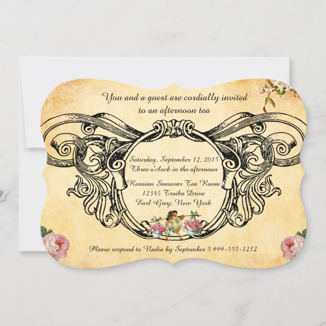 Victorian Style High Tea Invitations with Bird (Front)