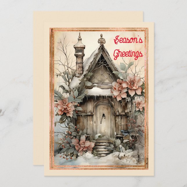 Victorian Style House Snow Floral Christmas  Holiday Card (Front/Back)