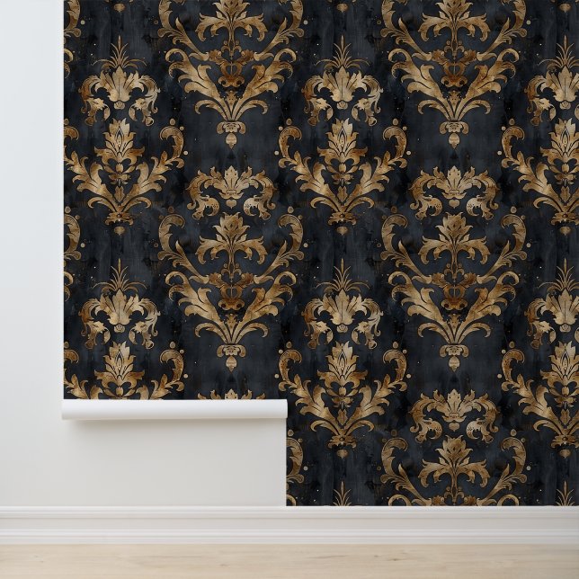 Victorian style ornamental shapes black & gold wallpaper (Application)