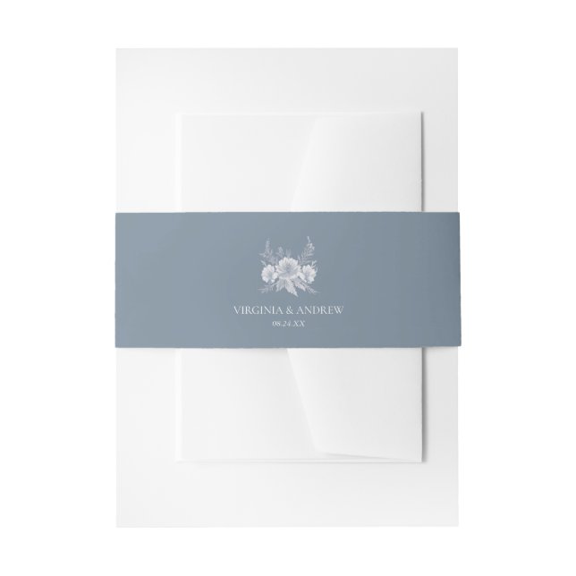 Victorian-style Wedding in Blue with White Flowers Invitation Belly Band (Front Example)