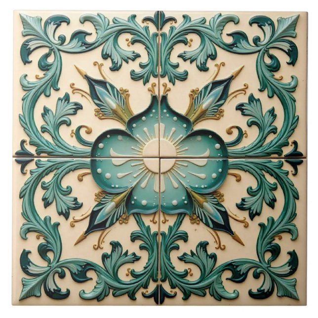 Victorian Teal Laurel Ceramic Tile (Front)