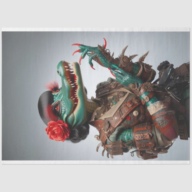 Victorian Teal Right Facing Alligator Decoupage Tissue Paper (Front)