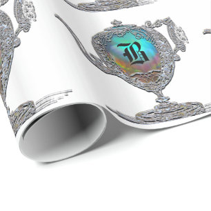 Victorian Teapot  White Monogram Wrapping Paper