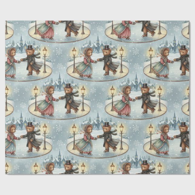 Victorian Teddy Bear Ice Skating Wrapping Paper (Flat)