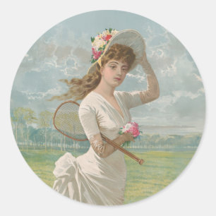 Victorian Tennis Lady with Flowered Hat Antique  Classic Round Sticker