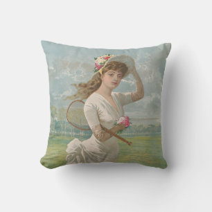 Victorian Tennis Lady with Flowered Hat Antique  Cushion